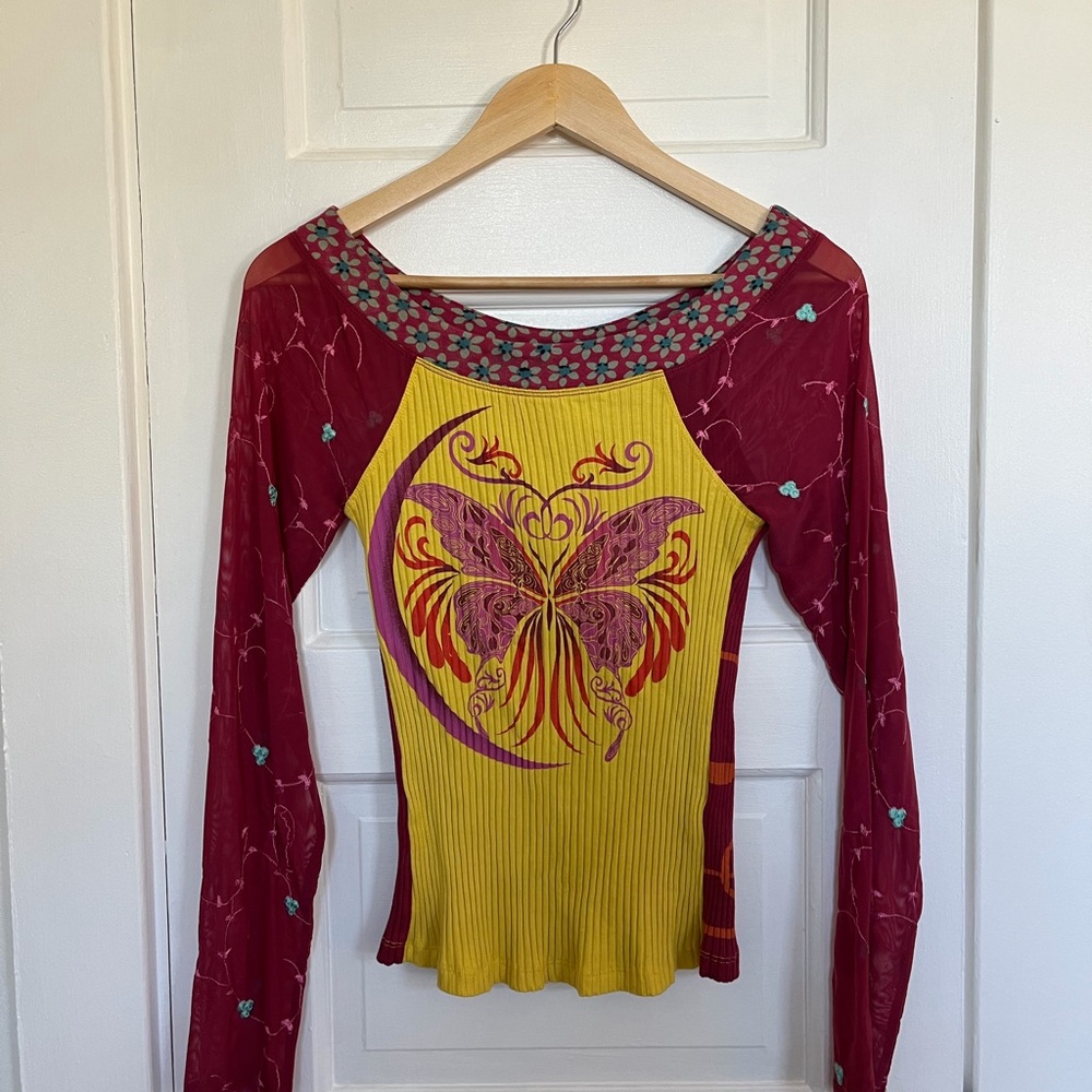Urban Outfitters Red and Yellow Butterfly Long Sleeve Top